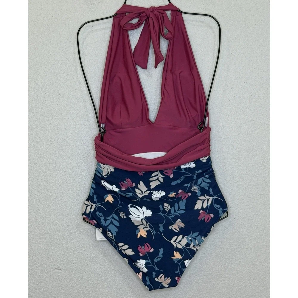 Cupshe One Piece Swimsuit Womens Size Small Maroon Floral Ruched‎ Sides NEW